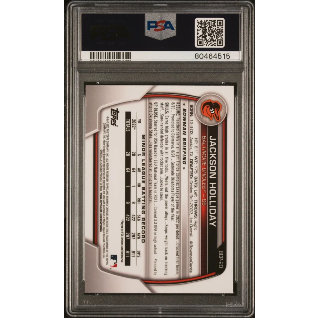 Graded 2023 Topps Bowman Jackson Holliday #BCP20 Chrome Prospects Rookie RC Baseball Card PSA 10 Gem Mint | PSA 10 Gem Mint Graded Rookie Card | vintageantiquesgifts.com