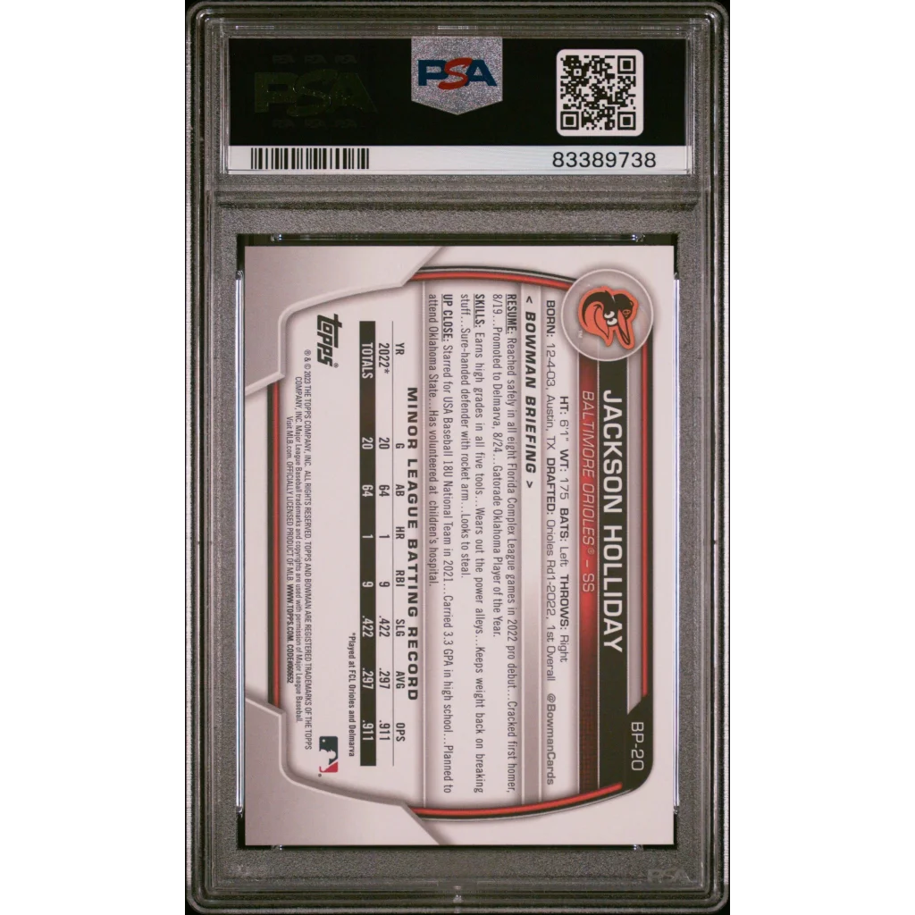 Graded PSA 10 Gem Mint Jackson Holliday 2023 Bowman Baseball Card on display