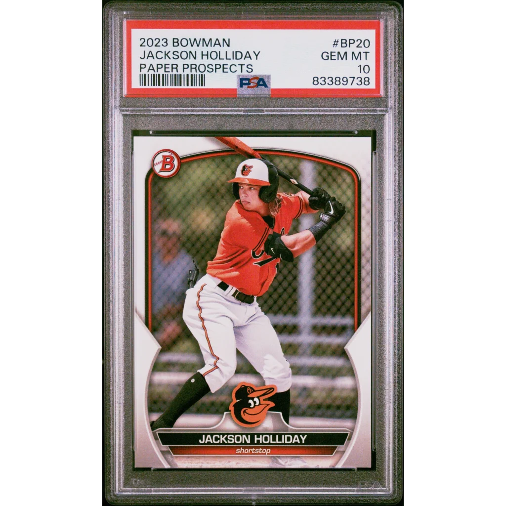 PSA-graded 2023 Bowman Jackson Holliday baseball card Gem Mint 10 in product display