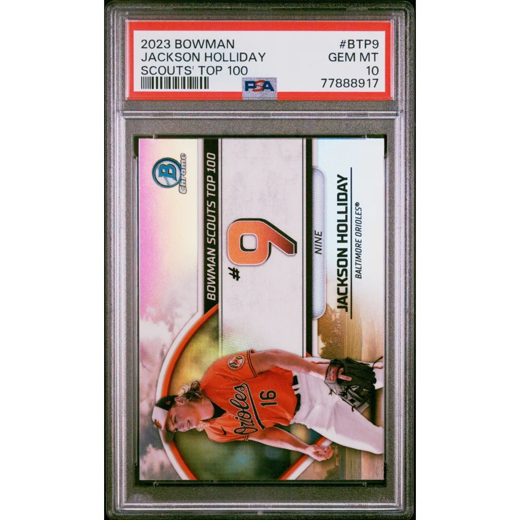 Graded 2023 Topps Bowman Jackson Holliday #BTP9 Scouts Top 100 Rookie RC Baseball Card PSA 10 Gem Mint | Hall of Fame Sports Memorabilia | vintageantiquesgifts.com