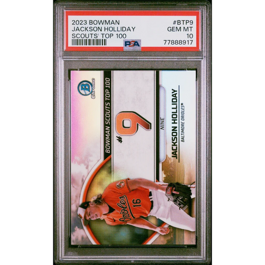 Graded 2023 Topps Bowman Jackson Holliday #BTP9 Scouts Top 100 Rookie RC Baseball Card PSA 10 Gem Mint | Hall of Fame Sports Memorabilia | vintageantiquesgifts.com