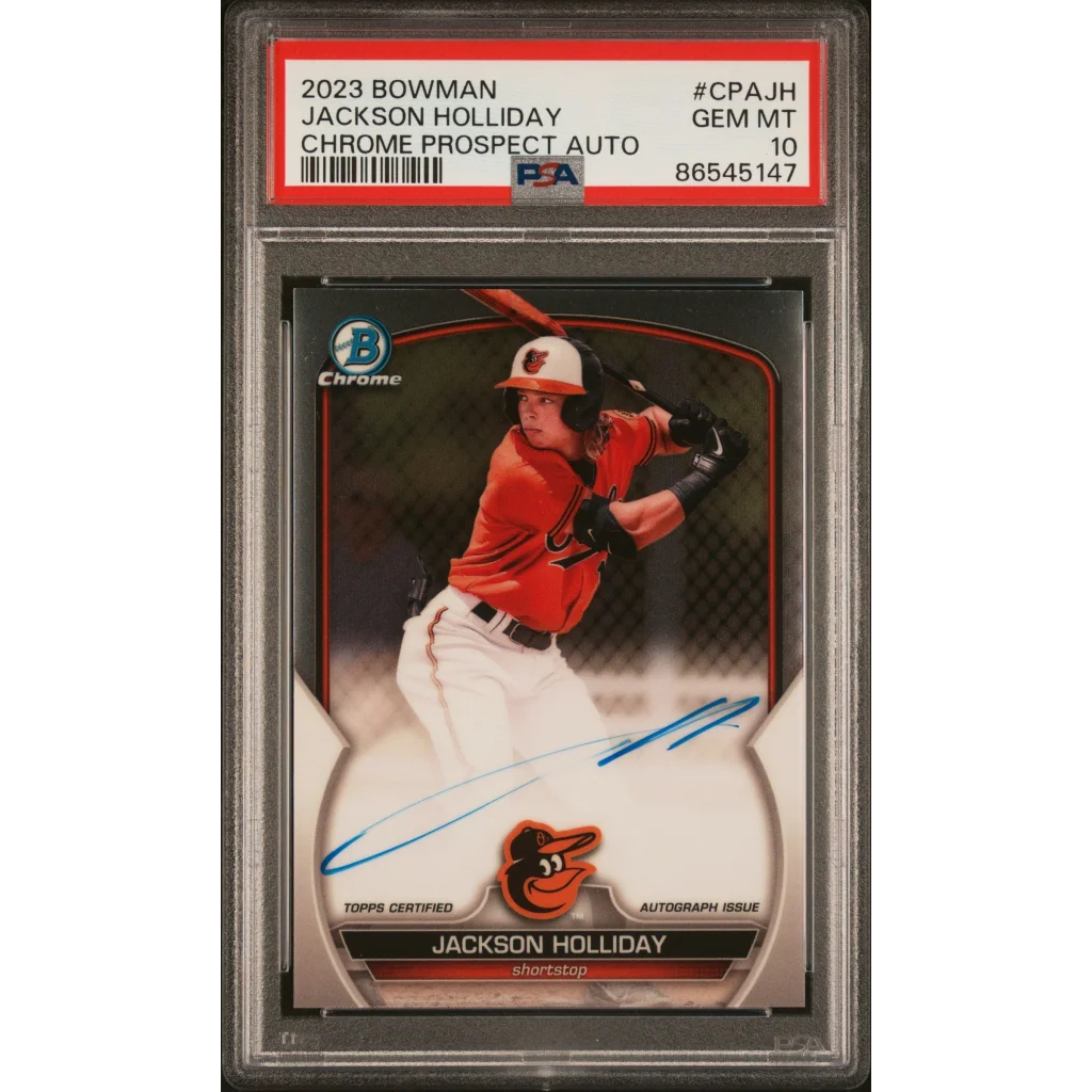 PSA graded 2023 Bowman Jackson Holliday Chrome Prospect Auto baseball card on display