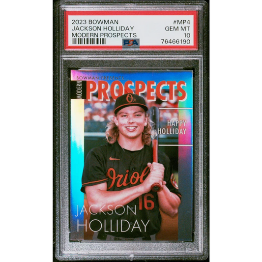 A graded 2023 Bowman Jackson Holliday Modern Prospects baseball card in gem mint condition