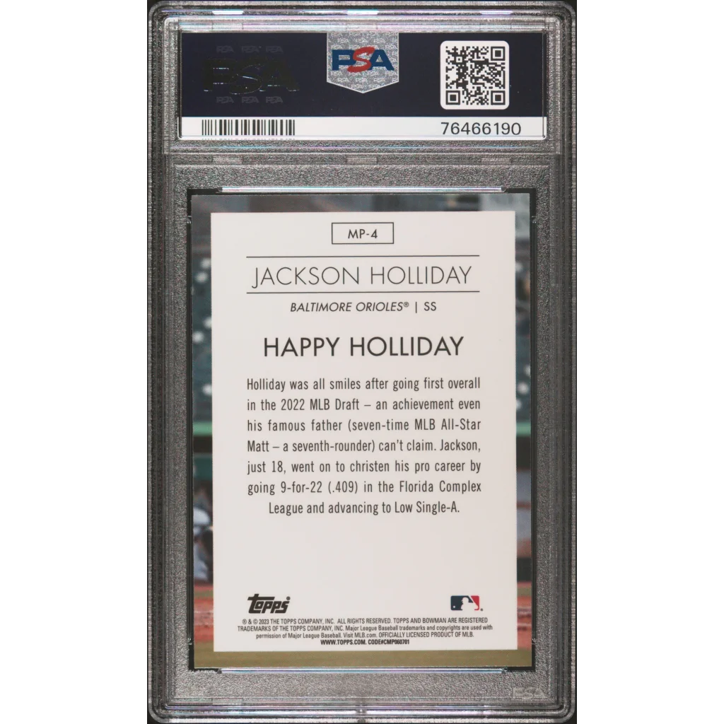 PSA Graded Jackson Holliday 2023 Bowman Gem Mint Baseball Card on display