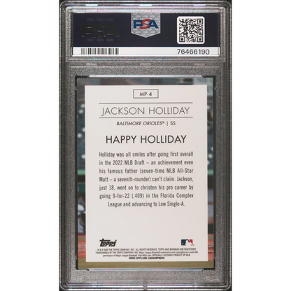 PSA Graded Jackson Holliday 2023 Bowman Gem Mint Baseball Card on display