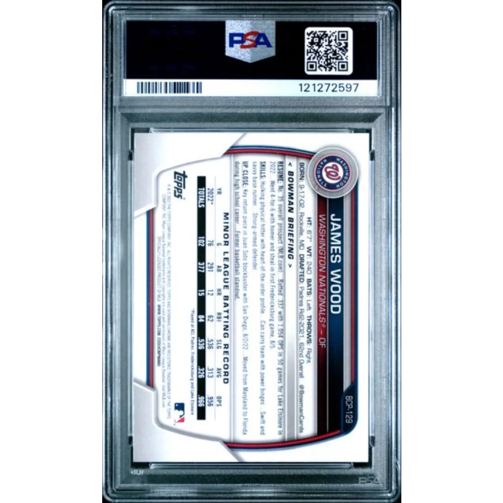 Graded 2023 Topps Bowman James Wood #BCP129 Chrome Prospects Rookie RC Baseball Card PSA 10 Gem Mint