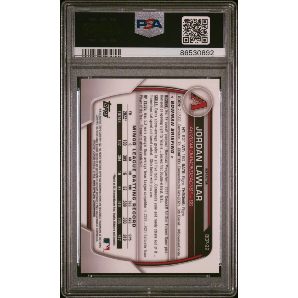 PSA 10 Graded 2023 Topps Bowman Jordan Lawlar #BCP92 Chrome Refractor Rookie Card