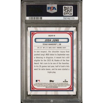 Graded PSA 10 Josh Jung 2023 Bowman Aqua Refractor Rookie Card on display