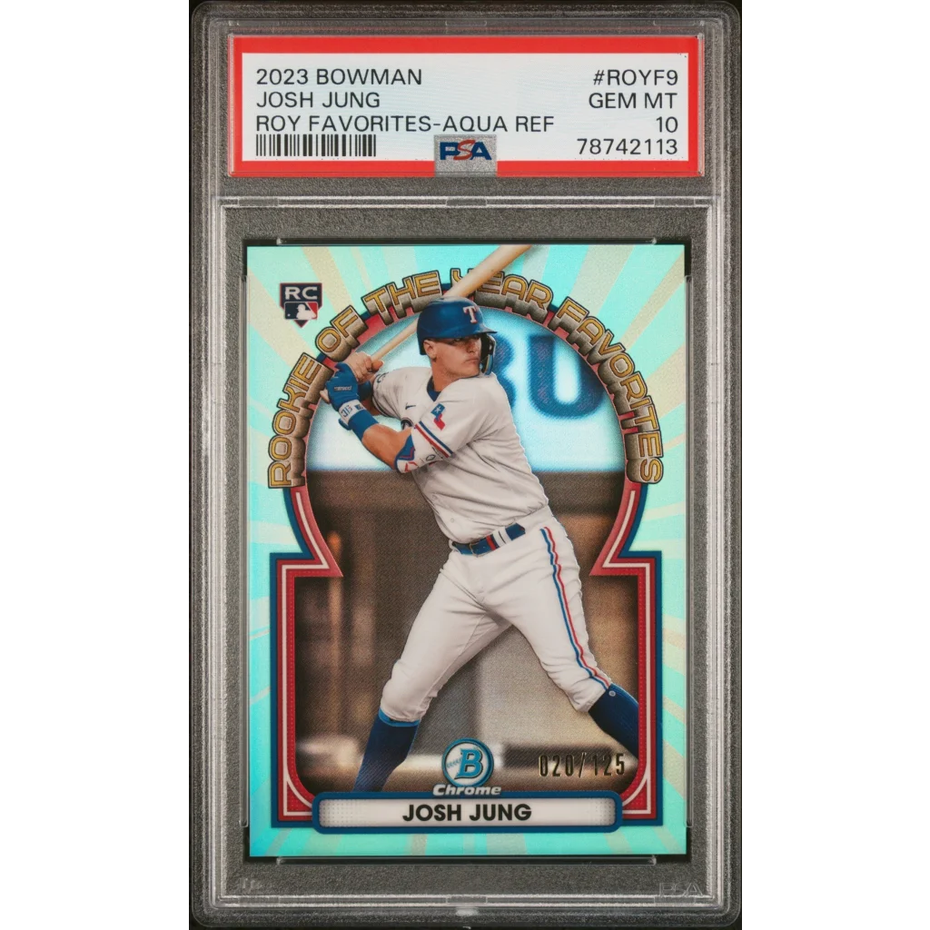 A graded PSA 10 Josh Jung 2023 Bowman Aqua Refractor Rookie Card GEM MT