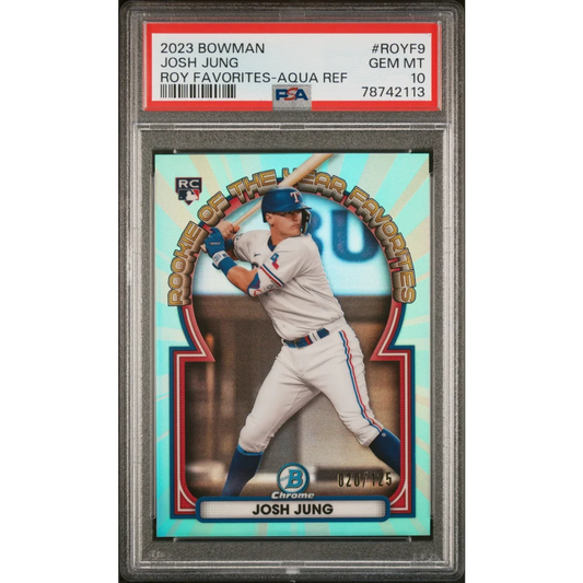 A graded PSA 10 Josh Jung 2023 Bowman Aqua Refractor Rookie Card GEM MT
