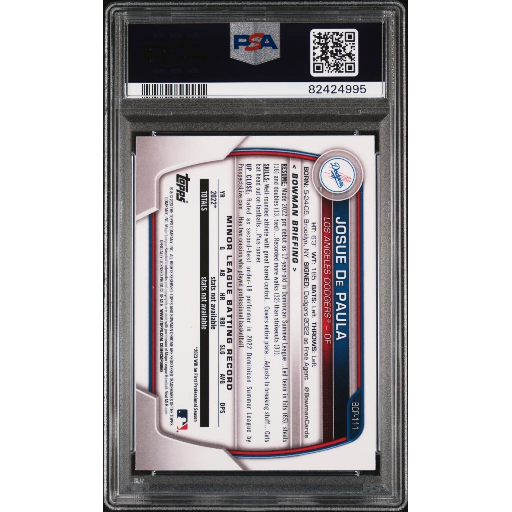 Graded PSA 10 2023 Topps Bowman Chrome Josue De Paula Dodgers Rookie Card