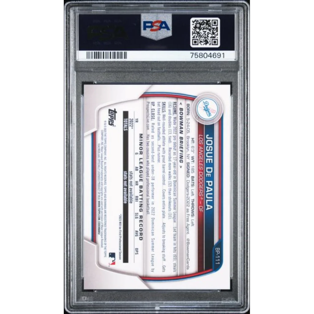 Graded 2023 Topps Bowman Josue De Paula #BP111 Paper Prospects Rookie RC Baseball Card PSA 10 Gem Mint | PSA 10 Gem Mint Graded Rookie Card | vintageantiquesgifts.com