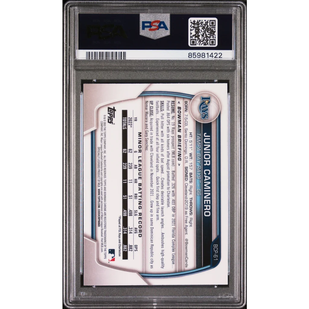 Graded 2023 Topps Bowman Junior Caminero #BCP61 Chrome Prospects Rookie RC Baseball Card PSA 10 Gem Mint | PSA 10 Gem Mint Graded Rookie Card | vintageantiquesgifts.com