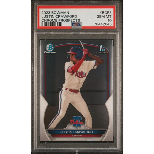 Graded 2023 Topps Bowman Justin Crawford #BCP3 Chrome Prospects Rookie RC Baseball Card PSA 10 Gem Mint | Hall of Fame Sports Memorabilia | vintageantiquesgifts.com