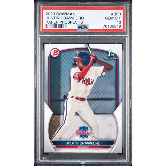 PSA 10 Justin Crawford 2023 Bowman Prospects baseball card by professional sports authenticator