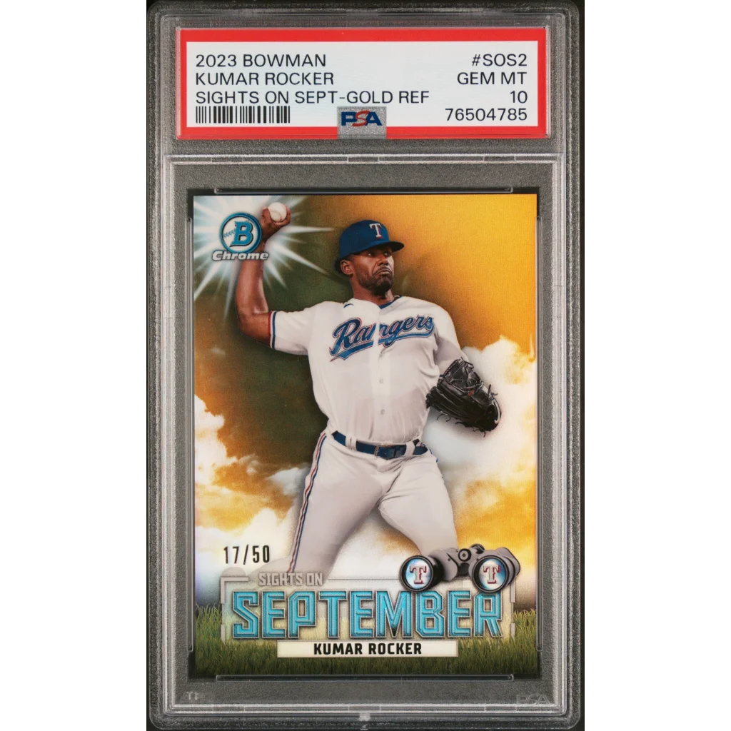 Graded 2023 Topps Bowman Kumar Rocker #SOS2 Sights on September Gold Refractor #/50 Rookie RC Baseball Card PSA 10 Gem Mint | Hall of Fame Sports Memorabilia | vintageantiquesgifts.com