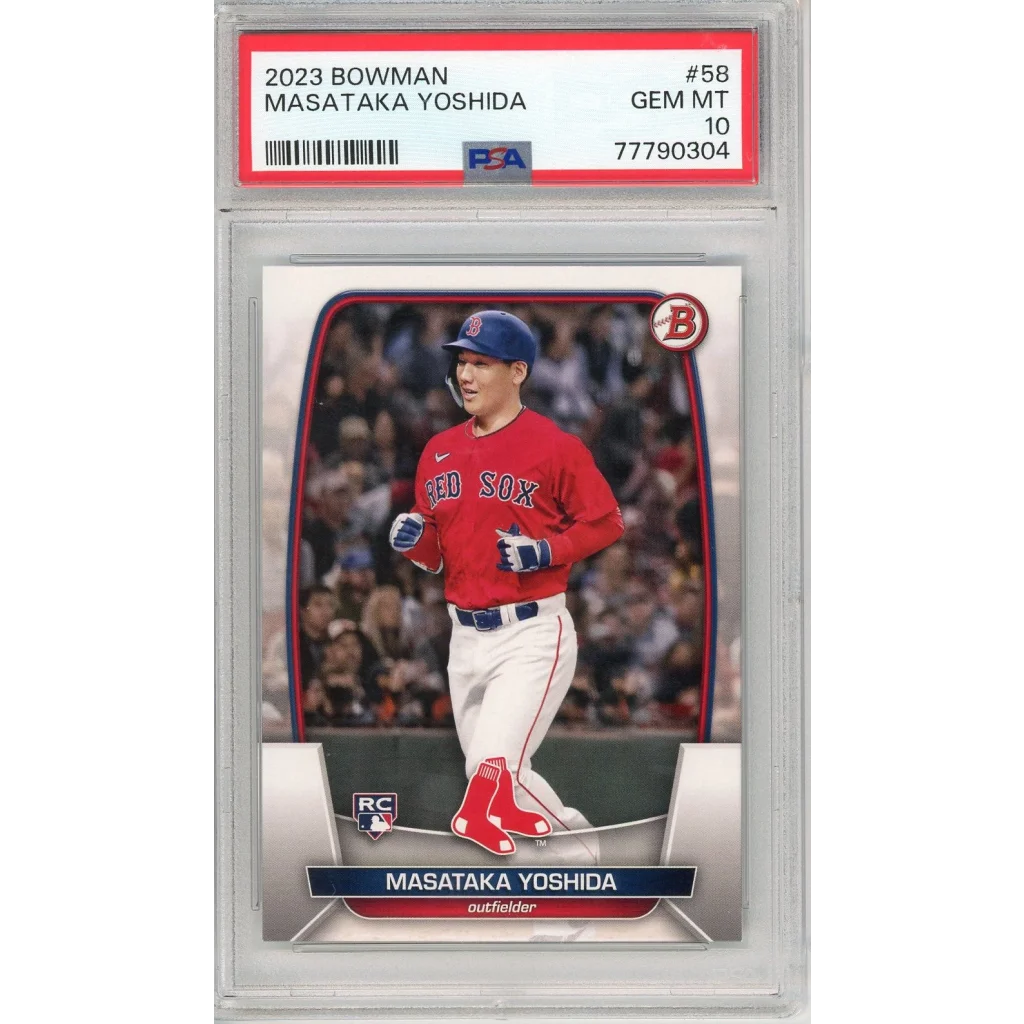 A graded 2023 Bowman Masataka Yoshida rookie baseball card in PSA holder