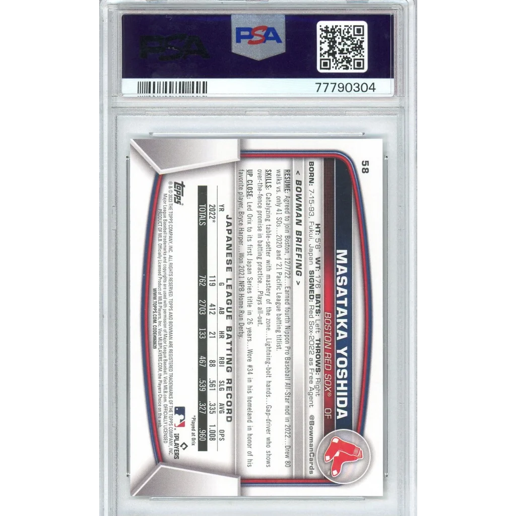 A graded Masataka Yoshida 2023 Bowman rookie baseball card in PSA case