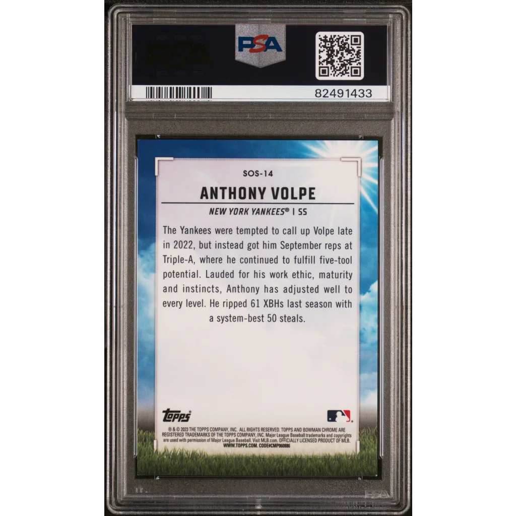 Graded 2023 Topps Bowman Mega Box Anthony Volpe #SOS14 Chrome Sights on September Pink #/199 Rookie RC Baseball Card PSA 10 Gem Mint | PSA 10 Gem Mint Graded Rookie Card | vintageantiquesgifts.com