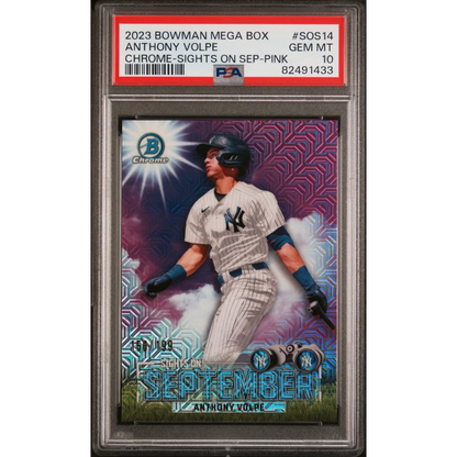Graded 2023 Topps Bowman Mega Box Anthony Volpe #SOS14 Chrome Sights on September Pink #/199 Rookie RC Baseball Card PSA 10 Gem Mint | Hall of Fame Sports Memorabilia | vintageantiquesgifts.com