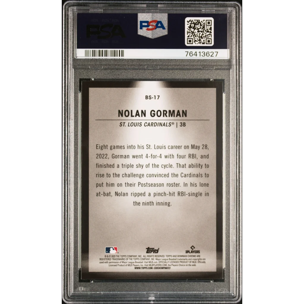 Baseball trading card of Nolan Gorman in PSA slab from 2023 Bowman Spotlights Gem Mint