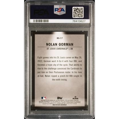 Baseball trading card of Nolan Gorman in PSA slab from 2023 Bowman Spotlights Gem Mint