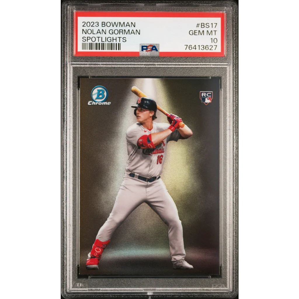 Slabbed 2023 Bowman Nolan Gorman Spotlights GEM MT 10 baseball card in PSA holder