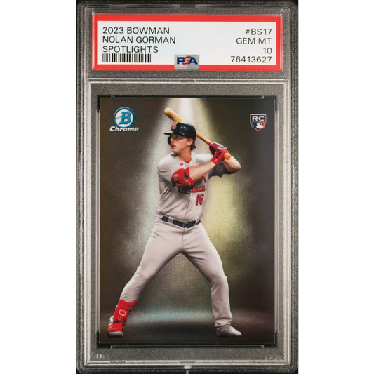 Slabbed 2023 Bowman Nolan Gorman Spotlights GEM MT 10 baseball card in PSA holder