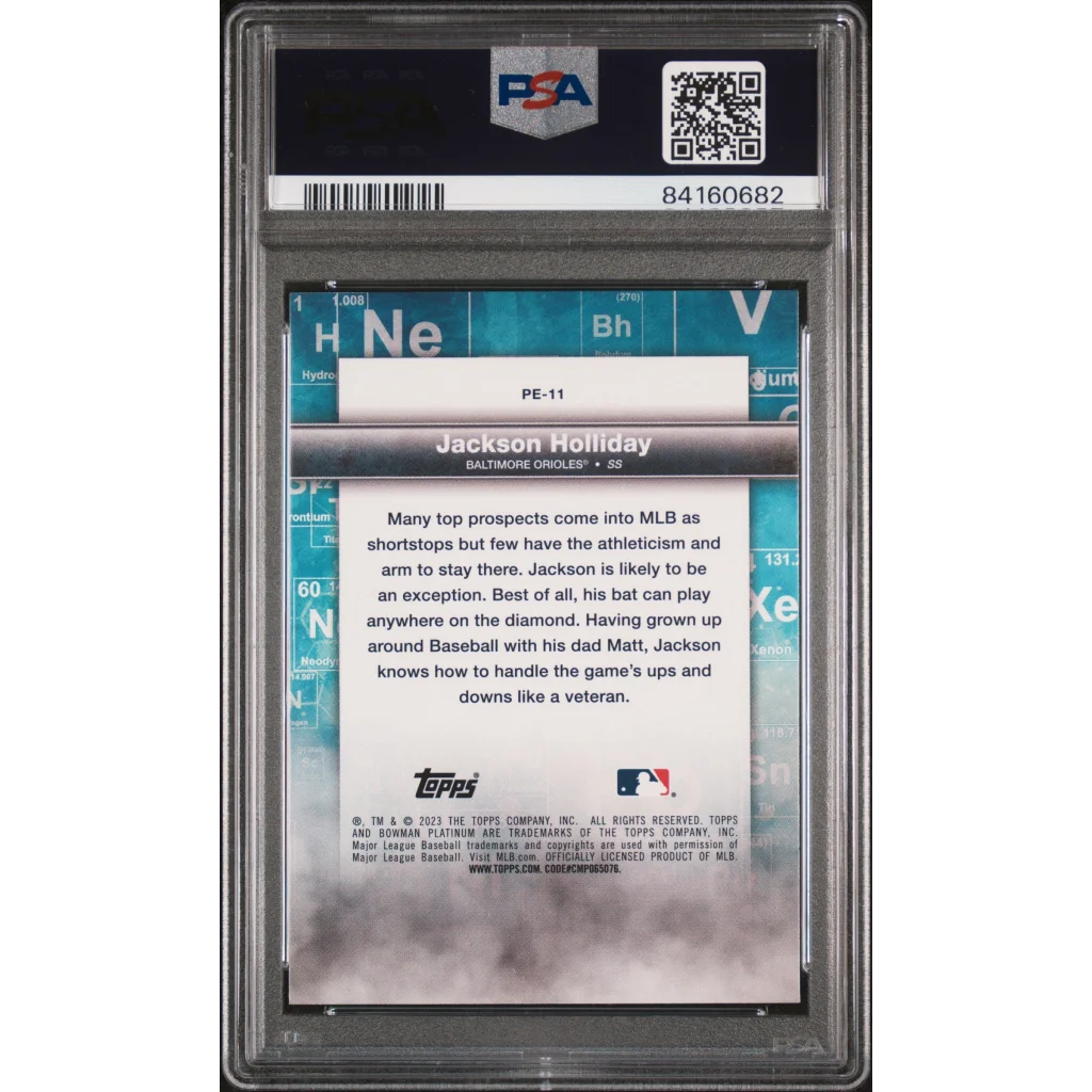Graded 2023 Topps Bowman Platinum Jackson Holliday #PE11 Precious Element Rookie RC Baseball Card PSA 10 Gem Mint | PSA 10 Gem Mint Graded Rookie Card | vintageantiquesgifts.com