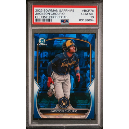 Graded 2023 Topps Bowman Sapphire Jackson Chourio #BCP76 Chrome Prospects Rookie RC Baseball Card PSA 10 Gem Mint | Hall of Fame Sports Memorabilia | vintageantiquesgifts.com