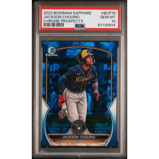 Graded 2023 Topps Bowman Sapphire Jackson Chourio #BCP76 Chrome Prospects Rookie RC Baseball Card PSA 10 Gem Mint | Hall of Fame Sports Memorabilia | vintageantiquesgifts.com