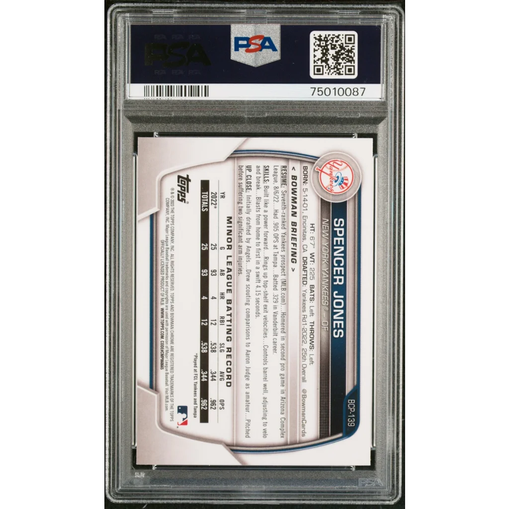 Graded 2023 Topps Bowman Spencer Jones rookie RC PSA 10 gem mint card in slab