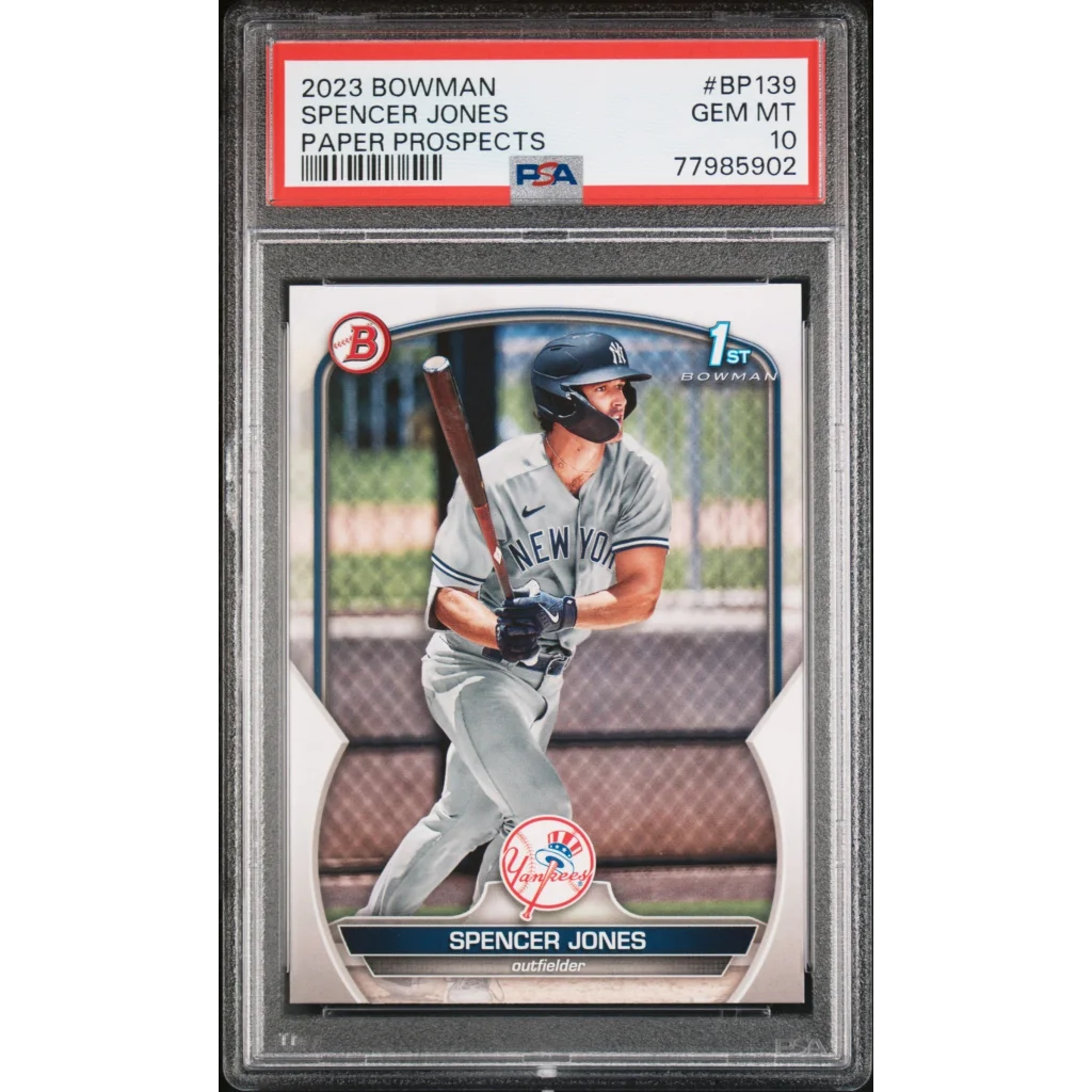 Graded 2023 topps bowman spencer jones bp139 paper prospects rookie baseball card psa 10 gem mint front view