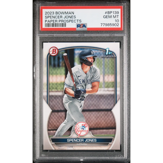 Graded 2023 topps bowman spencer jones bp139 paper prospects rookie baseball card psa 10 gem mint front view