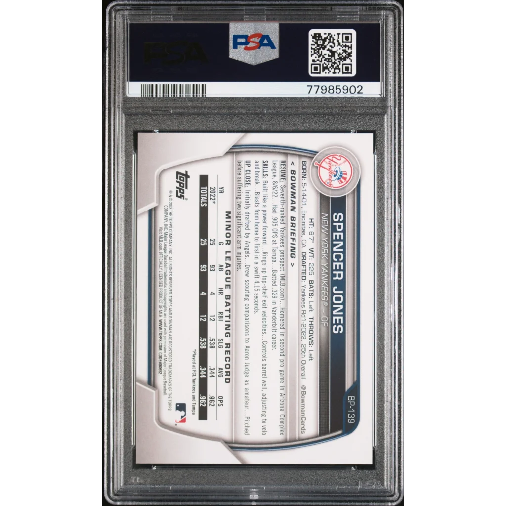 Graded 2023 Topps Bowman Spencer Jones silver and black rookie baseball card in PSA 10 gem mint slab for collectors