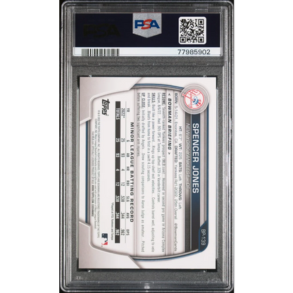 Graded 2023 Topps Bowman Spencer Jones silver and black rookie baseball card in PSA 10 gem mint slab for collectors