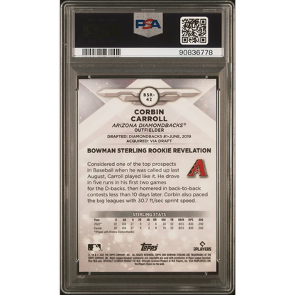 A graded PSA 10 Gem Mint Corbin Carroll 2023 Bowman Sterling Baseball Card