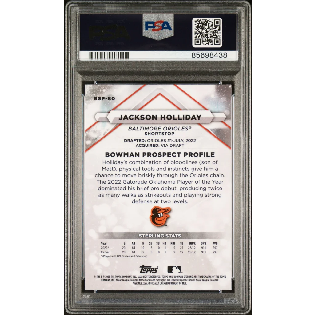 Back of PSA 10 Graded 2023 Topps Bowman Sterling Jackson Holliday Rookie Card with Orioles logo