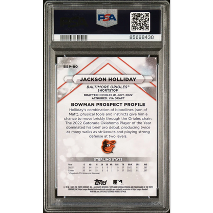 Back of PSA 10 Graded 2023 Topps Bowman Sterling Jackson Holliday Rookie Card with Orioles logo