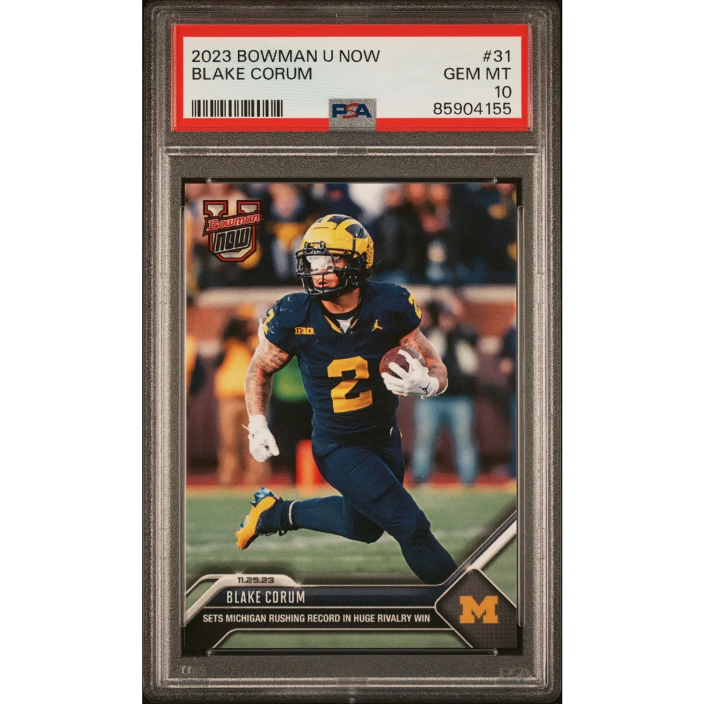 A graded 2023 Bowman U Now Blake Corum football card in PSA case