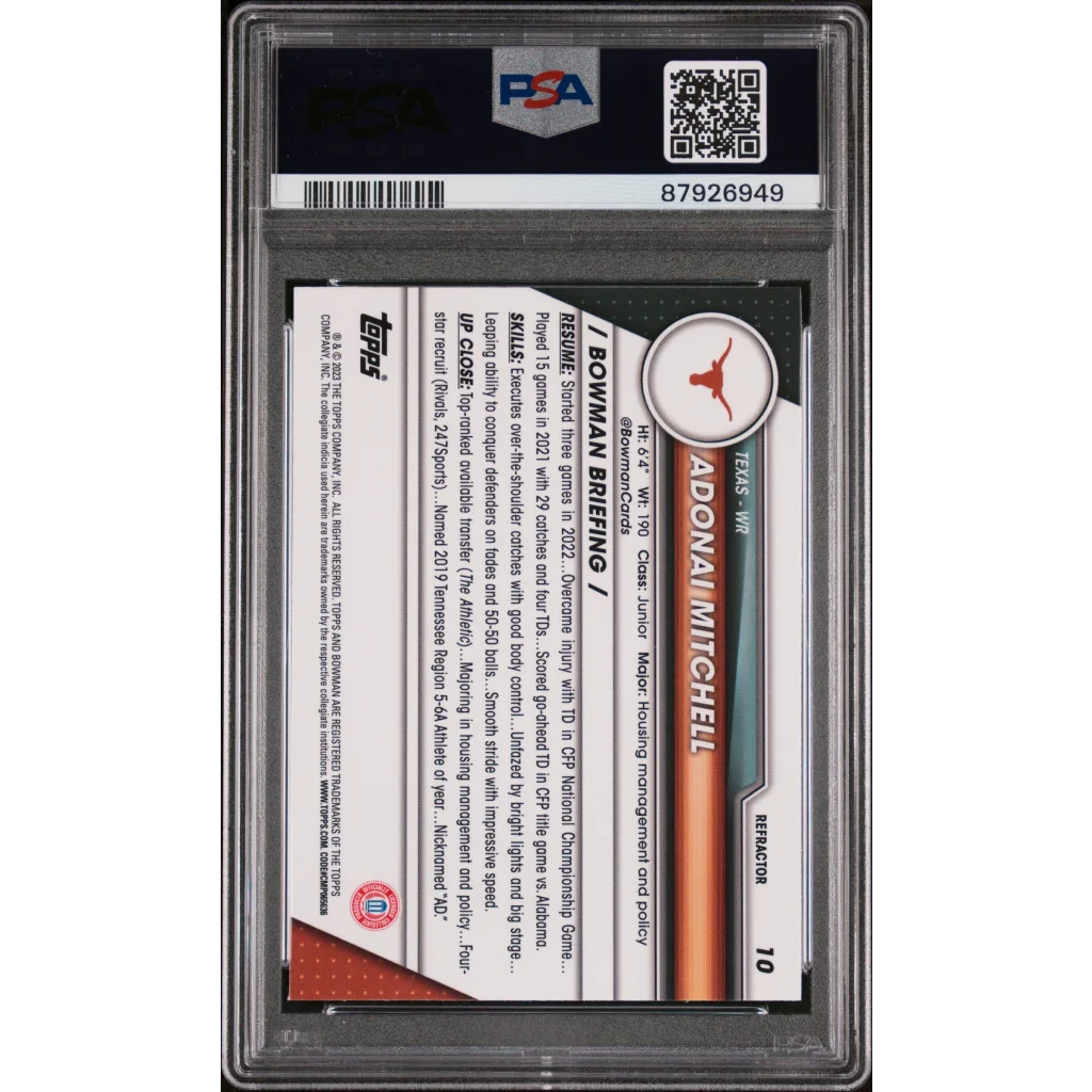 Graded 2023 Topps Bowman U Chrome Adonai Mitchell #10 Refractor Rookie RC Football Card PSA 10 Gem Mint | PSA 10 Gem Mint Graded Rookie Card | vintageantiquesgifts.com
