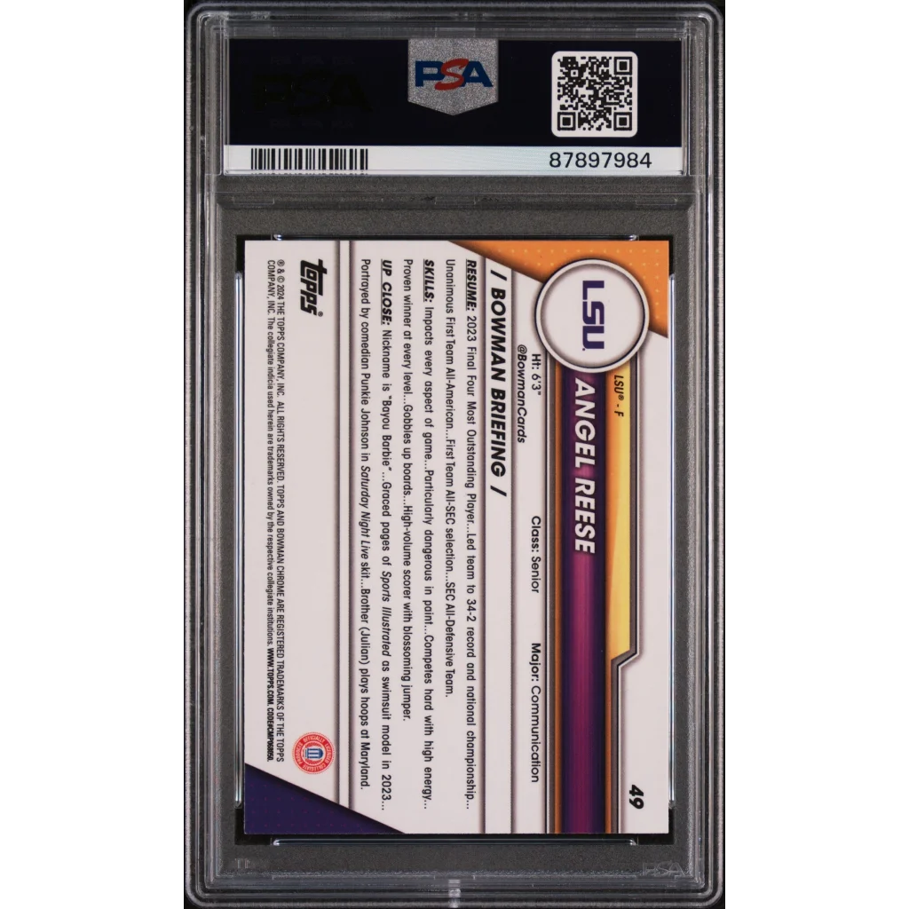 Graded Angel Reese Bowman U basketball card by PSA, a professional sports authenticator
