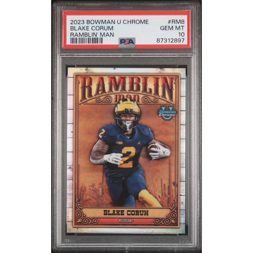 Graded 2023 Topps Bowman U Chrome Blake Corum #RM8 Ramblin Man Rookie RC Football Card PSA 10 Gem Mint | Hall of Fame Sports Memorabilia | vintageantiquesgifts.com