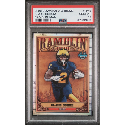 Graded 2023 Topps Bowman U Chrome Blake Corum #RM8 Ramblin Man Rookie RC Football Card PSA 10 Gem Mint | Hall of Fame Sports Memorabilia | vintageantiquesgifts.com