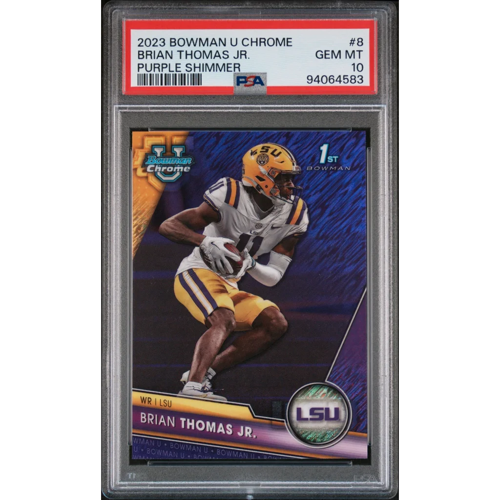 Graded 2023 Topps Bowman U Chrome Brian Thomas Jr #8 Purple Shimmer Rookie RC Football Card PSA 10 Gem Mint | Hall of Fame Sports Memorabilia | vintageantiquesgifts.com