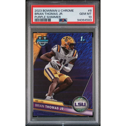 Graded 2023 Topps Bowman U Chrome Brian Thomas Jr #8 Purple Shimmer Rookie RC Football Card PSA 10 Gem Mint | Hall of Fame Sports Memorabilia | vintageantiquesgifts.com