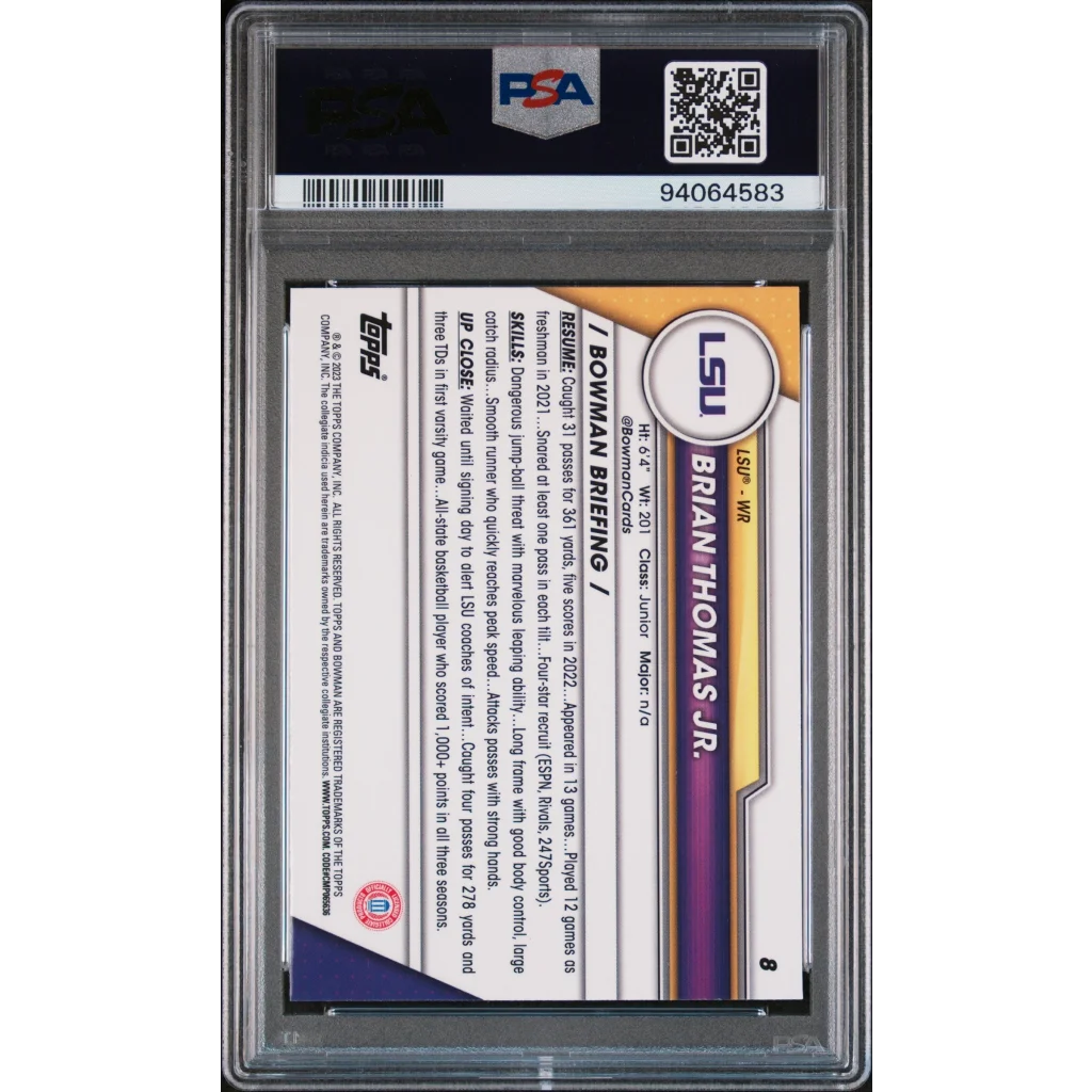 Graded 2023 Topps Bowman U Chrome Brian Thomas Jr #8 Purple Shimmer Rookie RC Football Card PSA 10 Gem Mint | PSA 10 Gem Mint Graded Rookie Card | vintageantiquesgifts.com