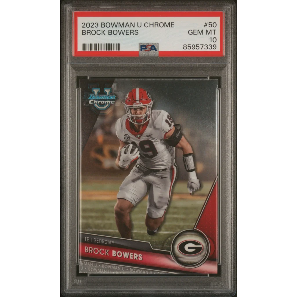 PSA Graded 2023 Bowman Chrome Brock Bowers Rookie Card football card display