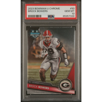 PSA Graded 2023 Bowman Chrome Brock Bowers Rookie Card football card display