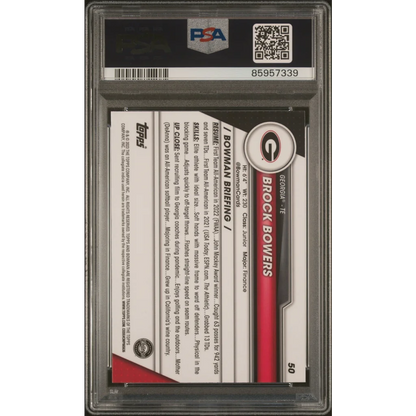 PSA graded 2023 Bowman Chrome Brock Bowers rookie football card on display